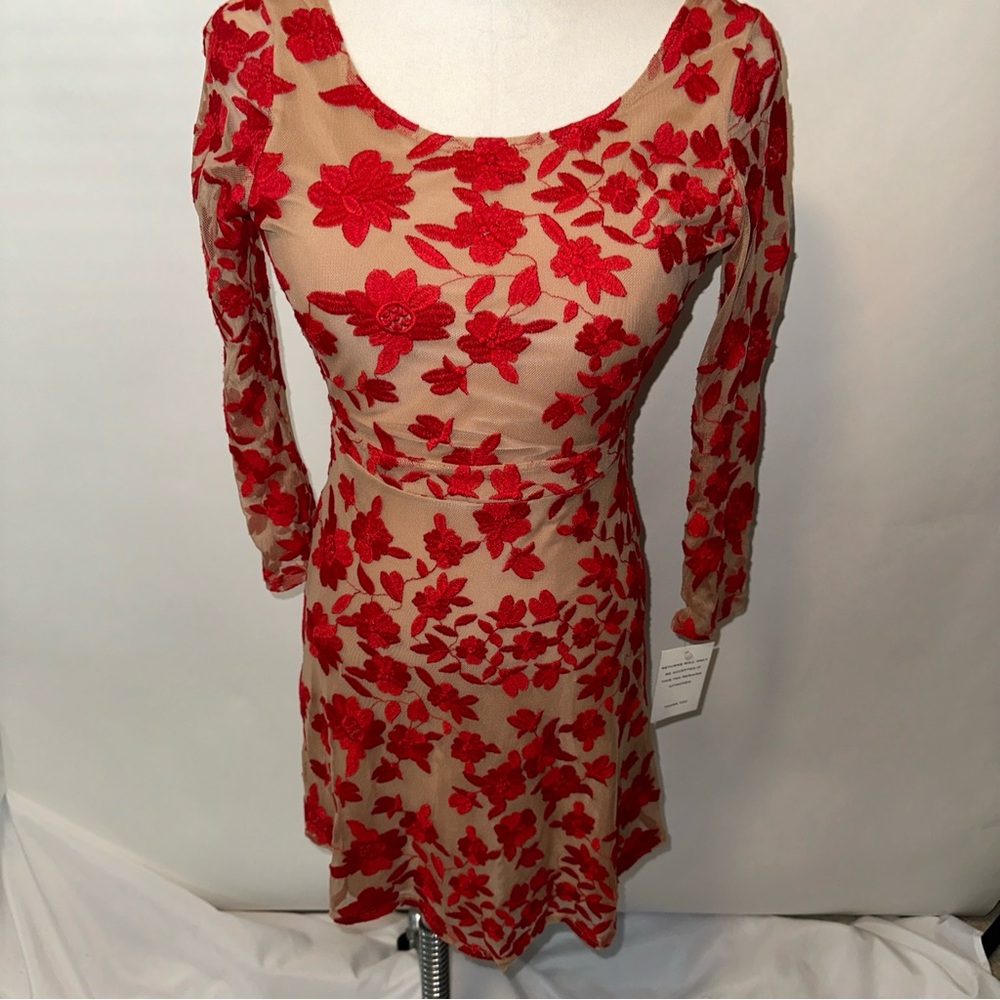 For the Love & Lemons Stretchy Beige Dress with Red Stretchy Lace Small NWT